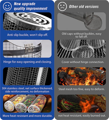 Image of Rolling Grilling Baskets for Outdoor Grill Bbq Net Tube Stainless Steel Large round Mesh Rotation Barbecue Cylinder Cage Cooking Accessories for Veggies Vegetable Fish Meat Food Camping, Gift for Men