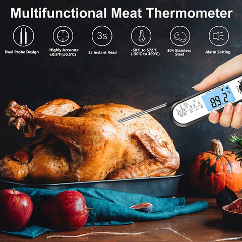 Image of Digital Dual Probe Meat Thermometer, Calibratable Waterproof Instant Read Food Thermometer with LED Backlit Display, Alarm Buzzer, for Kitchen, Cooking, Grill, BBQ, Coffee & Oil Frying