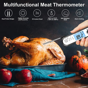 Digital Dual Probe Meat Thermometer, Calibratable Waterproof Instant Read Food Thermometer with LED Backlit Display, Alarm Buzzer, for Kitchen, Cooking, Grill, BBQ, Coffee & Oil Frying