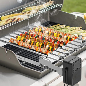 Only Fire Stainless Steel Electric Skewer Turner, Rotated Grilling Rack Shish Kabob Set with 7 Skewers and Dual-Purpose Rotisserie Motor