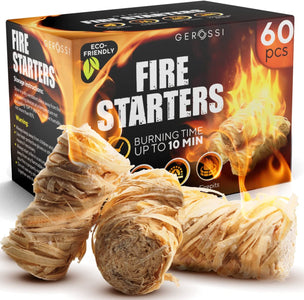 Fire Starter - Natural Pine Fire Starters for Fireplace, Campfires, Grill, Wood & Pellet Stove, Chimney, Fire Pit, BBQ, Smoker - 60 Pack W/10 Min Burning Time - All Weather & Odorless Firestarter