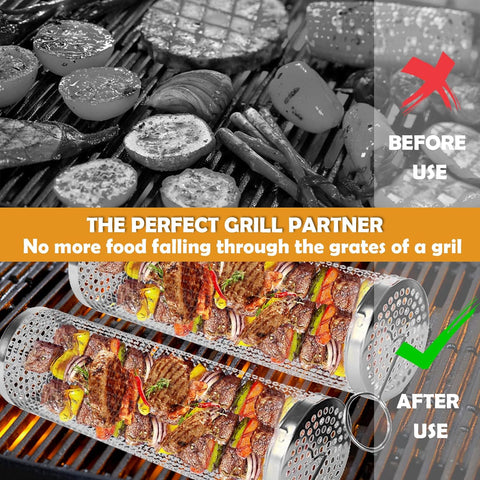 Image of Grill Basket 2 Pcs-Rolling Grilling Basket,Round Stainless Steel BBQ Grill Mesh,Vegetable Grill Basket,Bbq Grilling Accessories,Outdoor Camping Portable Grill,Men'S Gifts .(2Pc/11.8In)