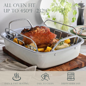 KITESSENSU Nonstick Turkey Roasting Pan with Rack 17 X 14 Inch - Large Chicken Roaster Pan for Oven - Wider Handles & Heavy Duty Construction - Suitable for 24Lb Turkey, Cream