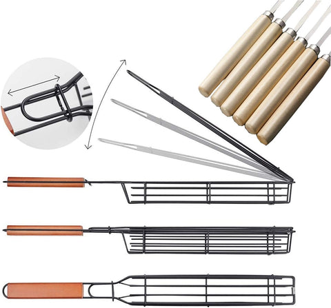 Image of Kabob Grilling Basket Grilling Skewers Nonstick Kabob Grill Baskets Set of 6 & 6 Barbecue Skewers,Grilling & BBQ Utensils, Grill Basket for Vegetables with Handle Grilling Baskets for Outdoor Grilling