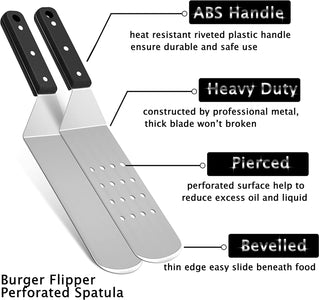 Hasteel Metal Griddle Spatula, Stainless Steel Long Spatula with Riveted Handle, Heavy Duty Perforated & Solid Spatula Burger Turner for Teppanyaki BBQ Flat Top Grilling Cooking, Dishwasher Safe