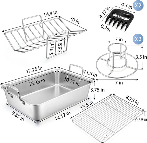 Image of 15¼" Roasting Pan with Rack, 7 PCS P&P CHEF Stainless Steel Roaster Lasagna Pan with Cooling Flat & V-Shaped Baking Rack, Grilling Chicken Holder, Meat Shredding Claws, Dishwasher & Oven Safe