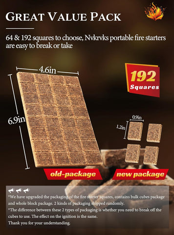 Image of Nvkrvks Fire Starter Squares 192, Natural & Odourless Firestarters Cubes for Campfire, Fireplace, Chimney and Barbecue, Water Resistant, Easy to Ignite, Safe Camping Accessories
