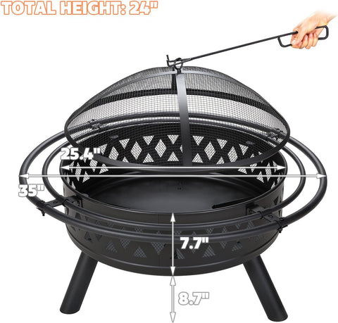 Image of Fissfire 35 Inch Fire Pit, Outdoor Wood Burning Fire Pit Crossweave with Spark Screen Fire Poker with 2 Loops, for Backyard Patio Garden Bonfire, Black