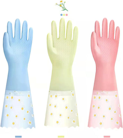 Image of Dishwashing Cleaning Gloves 3 Pairs - Reusable Rubber Gloves Non-Slip Laundry Kitchen Gardening Household Gloves