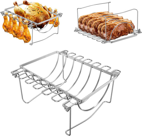Image of BMMXBI Foldable 3-In-1 Chicken Leg Rib Rack for Grill, Oven, Holds 12 Chicken Leg Wing, 6 Large Ribs, 1 Whole Chicken, Stainless Steel Rib Chicken Drumstick Roasting Racks Smoker Accessories
