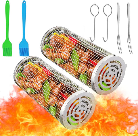 Image of 2 Pack New-Upgrade Rolling Grilling Basket, 304 Stainless Steel round BBQ Grill Basket Camping Barbecue Rack, Camping Picnic Cookware Rolling Grilling Baskets for Vegetables Meat Fish Outdoor Grilling