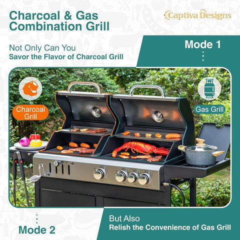 Image of Captiva Designs Propane Gas Grill and Charcoal Grill Combo with Side Burner & Porcelain-Enameled Cast Iron Grate, Dual Fuel BBQ Grill for Outdoor Kitchen & Backyard Barbecue, 690 SQIN Cooking Area