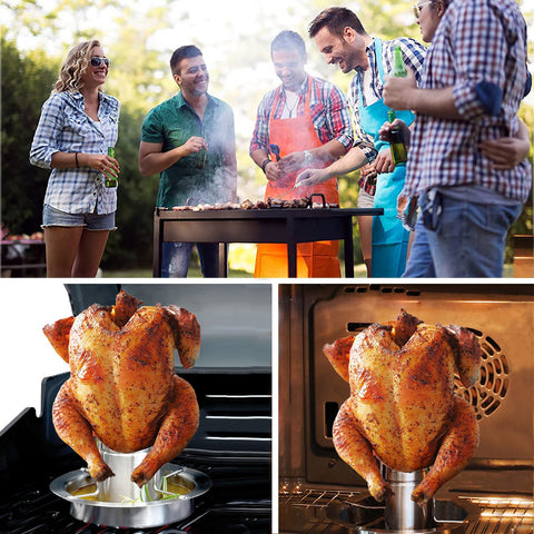 Image of AMOZO Beer Can Chicken Roaster Stand - the New Stainless Steel Chicken Holder - Poultry Roasters with Flavouring Container.(1 Pack)