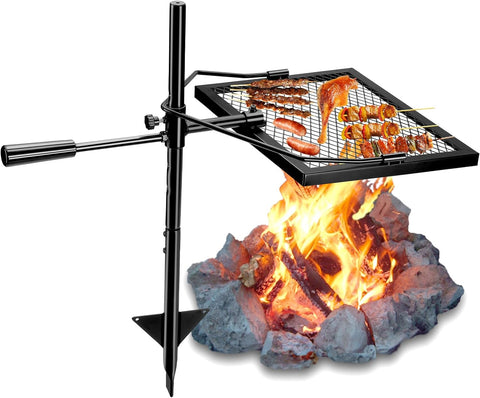 Image of Lingumir Adjustable Height Portable Charcoal Camping Grill with Grate - Barbecue for Outdoor Cooking Stand over Fire Pit, Campfire Grates Fit for Camping, Tailgating, Picnics, Backyard