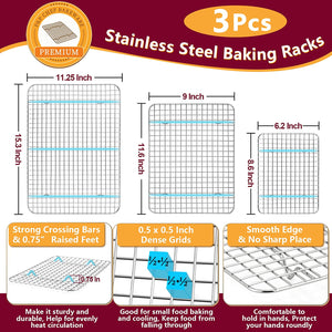 P&P CHEF Baking Sheet and Rack Set, 6 PACK (3 Sheets + 3 Racks), 3 Sizes Stainless Steel Baking Pans Cookie Sheets with Cooling Racks for Cooking & Roasting, Oven & Dishwasher Safe, Healthy & Durable