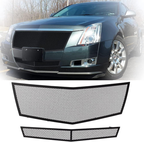 Image of Stainless Steel Mesh Grille Grill Insert Combo Compatible with 2008 2009 2010 2011 2012 2013 Cadillac CTS Include Upper+Lower (Black Powder Coated)