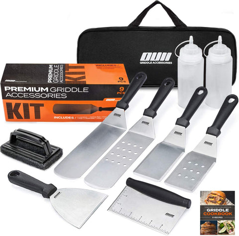 Image of OUII Flat Top Griddle Accessories for Blackstone and Camp Chef Griddle - 9 Pieces Set with Griddle Cleaning Kit and Carry Bag! Metal Spatula, Scraper for Hibachi and Teppanyaki Grill