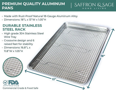Commercial Quality Cookie Sheet and Rack - Aluminum Half Sheet Baking Pan and Stainless Steel Cooling Rack Set - This 13X18 Baking & Roasting Tray Is Rust & Warp Resistant, Heavy Duty, of Thick Gauge