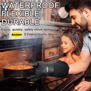 Anaeat BBQ Grilling Gloves Heat Resistant, Versatile Waterproof Cooking Gloves - 100% Cotton Lining Silicone Oven Mitts, Flexible Potholder for Barbecue, Baking - Thick Long Wrist Protection (Black)