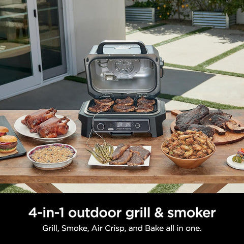 Image of OG850 Woodfire Pro XL Outdoor Grill & Smoker with Built-In Thermometer, 4-In-1 Master Grill, BBQ Smoker, Outdoor Air Fryer, Bake, Portable, Electric, Blue