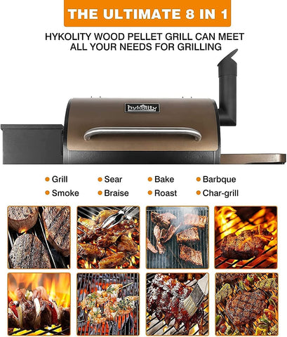 Image of Hykolity 570 Sq in Wood Pellet Grill & Smoker, 8 in 1 BBQ Smoker with Flame Broiler, Outdoor Cooking Auto Temperature Control, 23LB Hopper Capacity, Brown