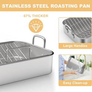 Roasting Pan, EWFEN 17*13 Inch Stainless Steel Turkey Roaster with Rack - Deep Broiling Pan & V-Shaped Rack & Flat Rack, Non-Toxic & Heavy Duty, Great for Thanksgiving Christmas Roast Chicken Lasagna