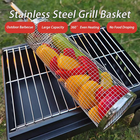 Image of ZXJHGXS Grill Basket 2 PCS, BBQ Grill Basket, Rolling Grilling Baskets for Outdoor Grilling，Grill Accessories，Stainless Steel for Outdoor Grill ，For Fish, Shrimp, Meat, Vegetables, Fries