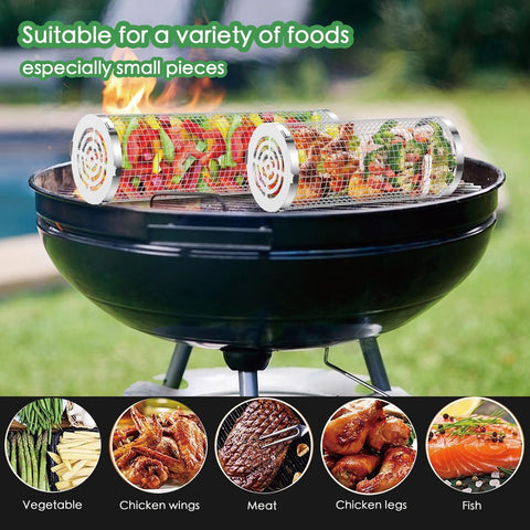 Image of Grill Basket, 2 PCS Rolling Grilling Basket, Grill Accessories, Stainless Steel BBQ Grill Accessories, Rolling Grilling Baskets for Outdoor Rrilling, Rolling Vegetable Grill Basket, Gifts for Men