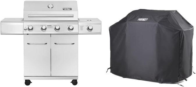 Monument Grills Larger 4-Burner Propane Gas Grill Stainless Steel Heavy-Duty Cabinet Style with BBQ Cover(2 Items)