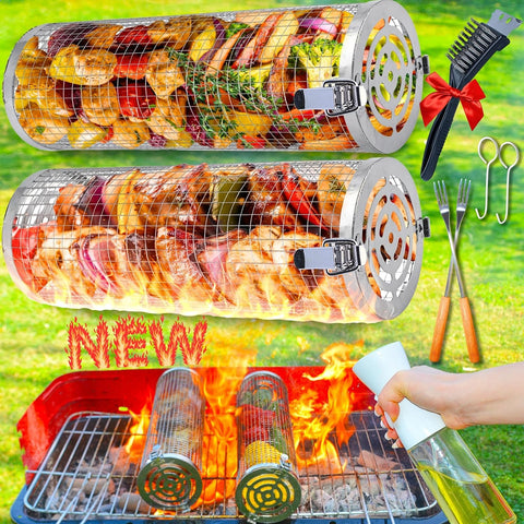 Image of Rolling Grilling Baskets for Outdoor Grilling Basket Cylinder with Bbq Grill Brush (XL 2PCS) Vegetable Grilling Baskets for Outdoor Grill Basket- Grill Baskets for Outdoor Grill Bbq Grill Accessories (XL Size with Grill Brush)