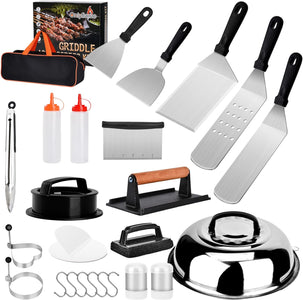 54PCS Professional BBQ Griddle Tool Kit for Flat Top Grill Blackstone and Camp Chef - Stainless Steel Griddle Spatulas Accessories Kit with Griddle Cleaning Kit, Melting Dome and More Tools