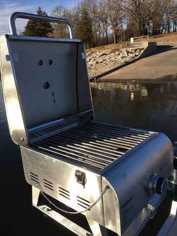 Image of Grill Modified for Pontoon Boat with Arnall'S Stainless Grill Bracket Set + Chef Professional Featuring Full Stainless-Steel Construction