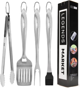 Legends Market BBQ Tools Grill Tools Set with Grill Tongs, Spatula, Forks, Brush - Stainless Steel Grill Kit Grilling Utensils Set - Perfect BBQ Grill Accessories for Outdoor - Gifts for Dad - 4 PCS
