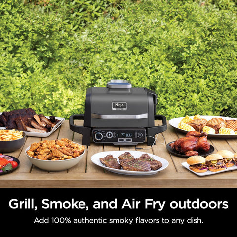 Image of OG751BRN Woodfire Pro Outdoor Grill & Smoker with Built-In Thermometer, 7-In-1 Master Grill, BBQ Smoker, Air Fryer, Bake, Roast, Dehydrate, Broil, Pellets, Portable,Electric, Grey