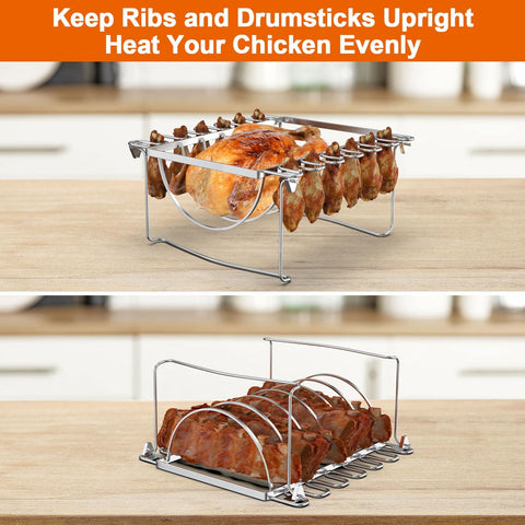 Image of Delsbbq 3 in 1 Rib Rack, Chicken Leg Rack & Turkey Roasting for Grilling & Smoking, Holds 6 Large Ribs, 12 Chicken Leg Wing, 1 Whole Chicken. Foldable Space-Saving Chicken Drumstick Rib Racks