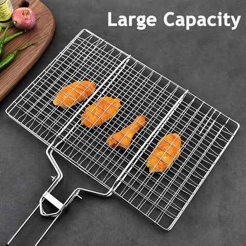 Image of Grill Basket, Stainless Steel Barbecue Basket with Foldable Handle, Portable Outdoor/Camping Grilling Accessories, Grill Vegetable Basket for Garden, Outdoor, Camping