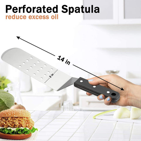 Image of Hasteel Metal Griddle Spatula, Stainless Steel Long Spatula with Riveted Handle, Heavy Duty Perforated & Solid Spatula Burger Turner for Teppanyaki BBQ Flat Top Grilling Cooking, Dishwasher Safe