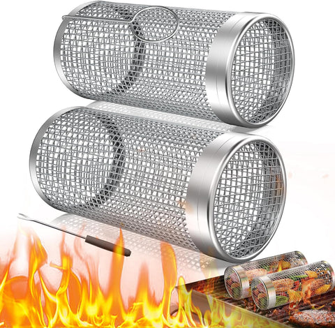Image of Rolling Grill Baskets, Heavy-Duty 304 Stainless Steel Material, round BBQ Grilling Baskets for Veggies, Fish, BBQ Net Tube Barbeque Vegetable Grill Accessories, Cage Cylinder 2 PACK (Two Large)