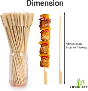 10-Inch Skewer for BBQ Kebab, Unbleached Long Bamboo/Wood Roasting Sticks for Grill -Heavy Duty Thickness -Flat Stick Flag Handle -With Dust-Free Packaging (100-Pack)