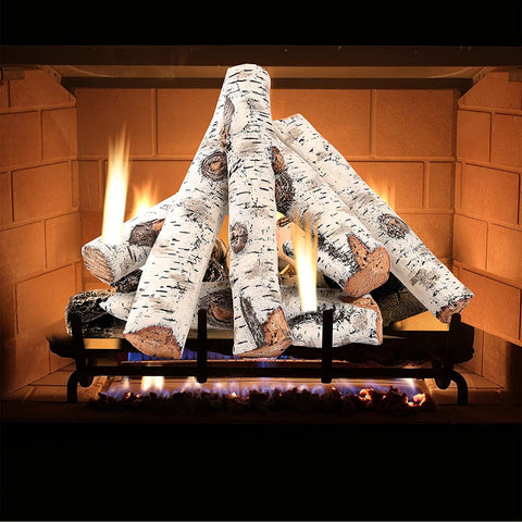 Image of Gas Fireplace Logs Set Ceramic White Birch for Intdoor Inserts, Vented, Propane, Electric Gas Fireplaces, Outdoor Firebowl, Linear Fire Pits Ceramic Fiber Fake Wood Logs,Fireplace Decor, 6Pcs