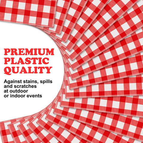 Image of Chumia 12 Pieces Plastic Checked Picnic Tablecloth Rectangle Disposable Gingham Table Cloth 54 X 108 Inch 8 Foot Waterproof Camping Table Covers for Barbecue Holiday Birthday Parties (Red Checkered)