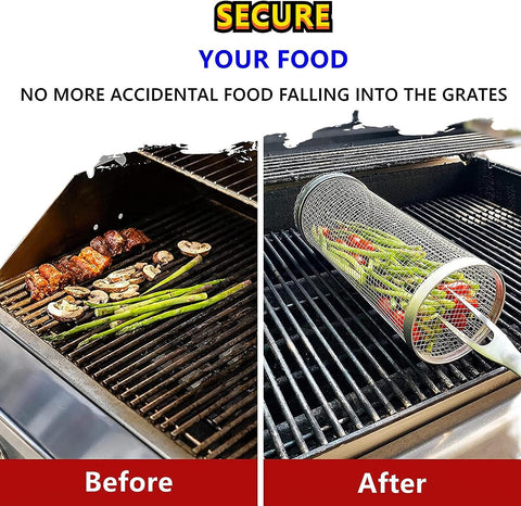 Image of BBQ Net Tube,Grill Basket Stainless Steel with Food Clip,Bbq Oil Sprayer,Grill Brush,Seasoning Bottles, BBQ Skewer More Outdoor Cooking Barbecuers Tools(Basket 11.8‘’(2Pcs)+Tools)