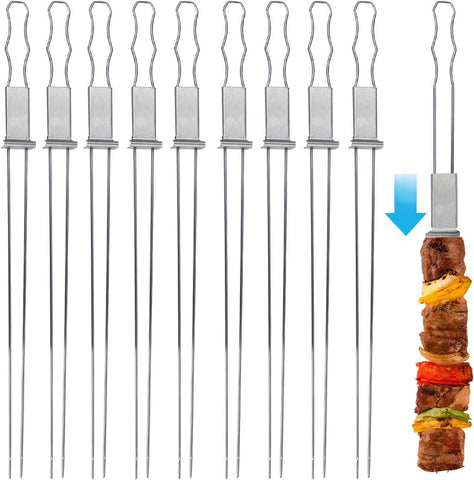 Image of Blue Donuts 10 Pack Kabob Skewers for Grilling 17 Inch – Kabob Skewers with Push Bar, Stainless Steel Skewers with Comfortable Handle Grip, BBQ Grilling Accessories