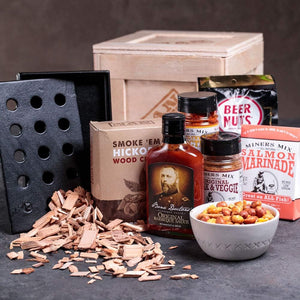, Hickory Grilling Crate – Includes Stainless Steel Smoker Box, Dried Hickory Wood Chips – with BBQ Sauce, BBQ Rubs and Seasoning Salt – Great Gifts for Men