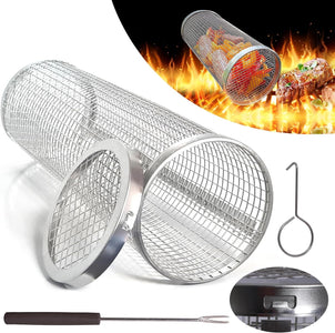 Rolling Grilling Basket for Outdoor Grill Bbq Net Tube Stainles Steel Large round Mesh Rotation Barbecue Cylinder Cage Cooking Accessories for Veggie, Fish, Meat, Camping for Enthusiasts, Gift for Men