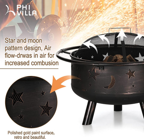Image of PHI VILLA 30" Outdoor Wood Burning Firepit with Cooking Grate, Patio Deep Bowl Steel Fire Pits for outside with Adjustable Swivel BBQ Grill Pan, Star & Moon Cutouts Pattern, Poker & Spark Screen