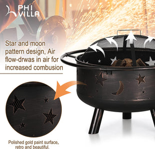 PHI VILLA 30" Outdoor Wood Burning Firepit with Cooking Grate, Patio Deep Bowl Steel Fire Pits for outside with Adjustable Swivel BBQ Grill Pan, Star & Moon Cutouts Pattern, Poker & Spark Screen