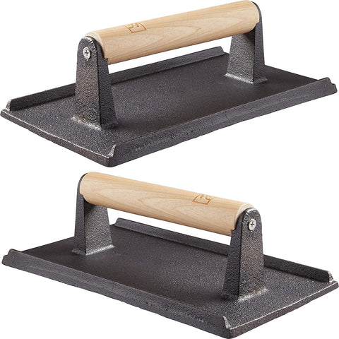 Image of Pro Grade, Pre Seasoned Cast Iron Grill Weight 2Pk. Heavy Duty Steak and Burger Press with Wooden Handle for Grills, Griddles and Flattops. Perfect Gadget for Bacon, Paninis, Sandwiches and Vegetables