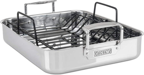 Image of Viking Culinary 3-Ply Stainless Steel Roasting Pan, Includes a Nonstick Rack, Dishwasher, Oven Safe, Works on All Cooktops Including Induction