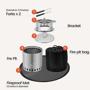 QUIXOTECAMP Smokeless Fire Pit Full Stainless Steel with Top Bracket, Fire Mat, BBQ Forks, Fueled by Wood Pellets, Wood or Charcoal, Outdoor Camping, Warming,Picnics.7.1 * 9.5 in 2.78 Lbs. (Silver)